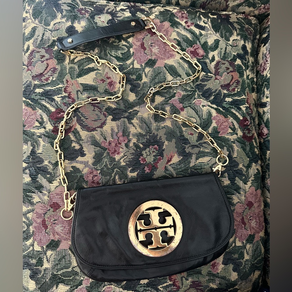 Tory Burch Black Leather Shoulder Bag with Gold Chain